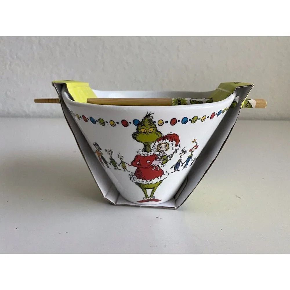 Dr Seuss Grinch Cindy Lou Christmas RAMEN Noodle‎ BOWL With Wood Chopsticks NEW
